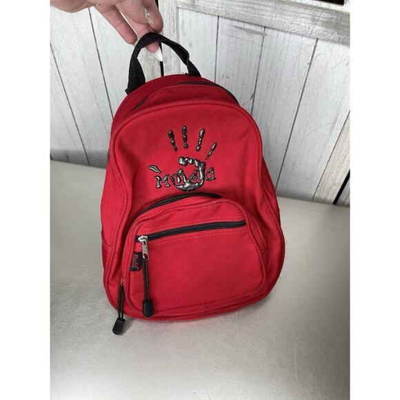 Mudd Mini Canvas Backpack Red Y2K Glitter Rubber Handprint Vintage - Picture 1 of 8